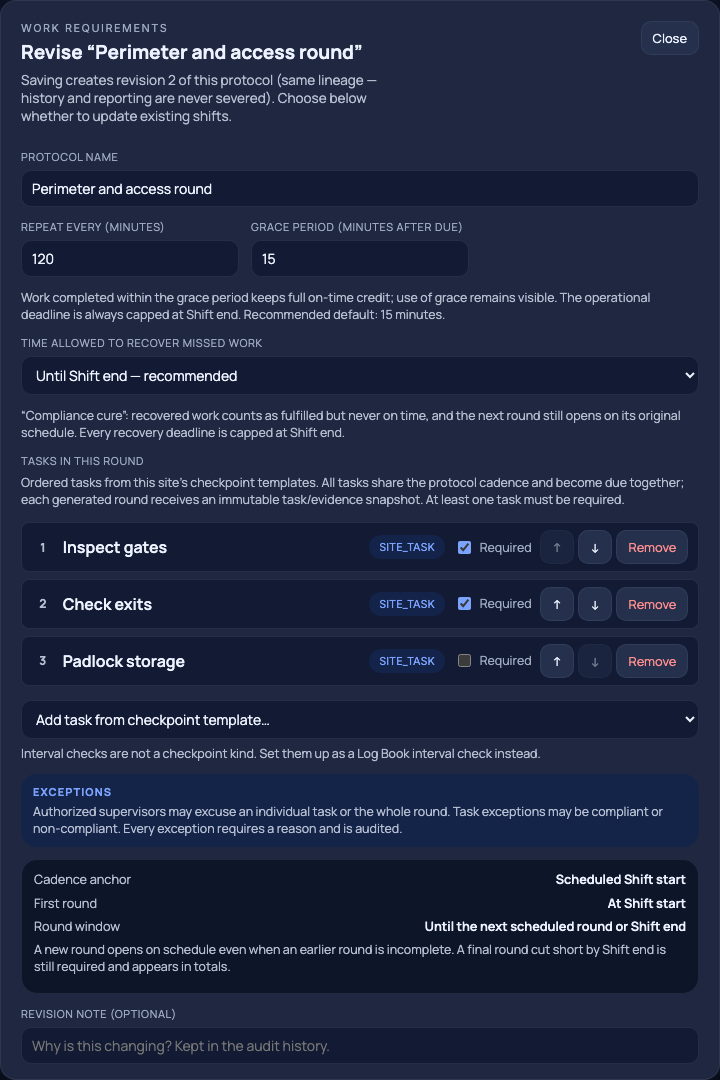 Dark theme of the Sentinel static round protocol with cadence, grace, recovery, and task requirements.