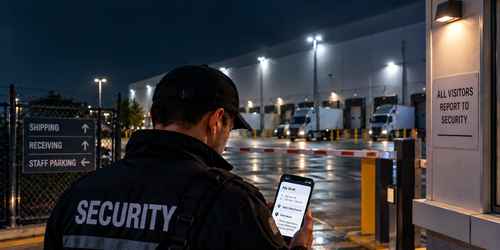 Security officer checking shift notes on a phone at a distribution center gate house at night