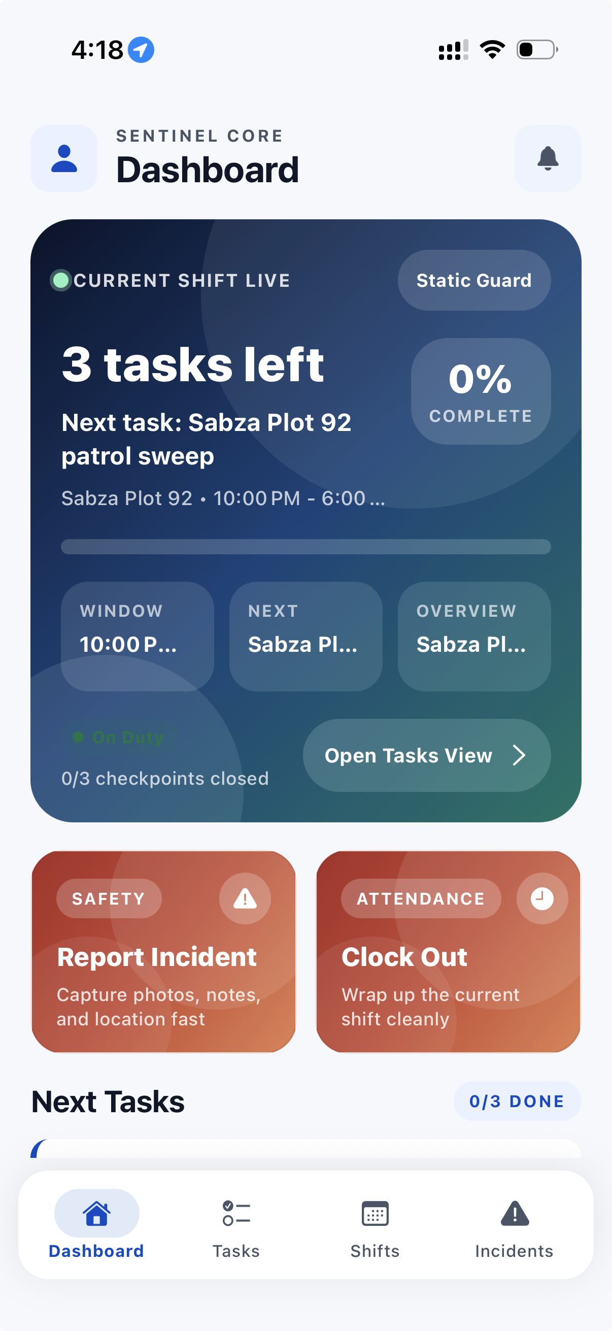Guard tour mobile app preview showing shift progress, task actions, and bottom navigation.