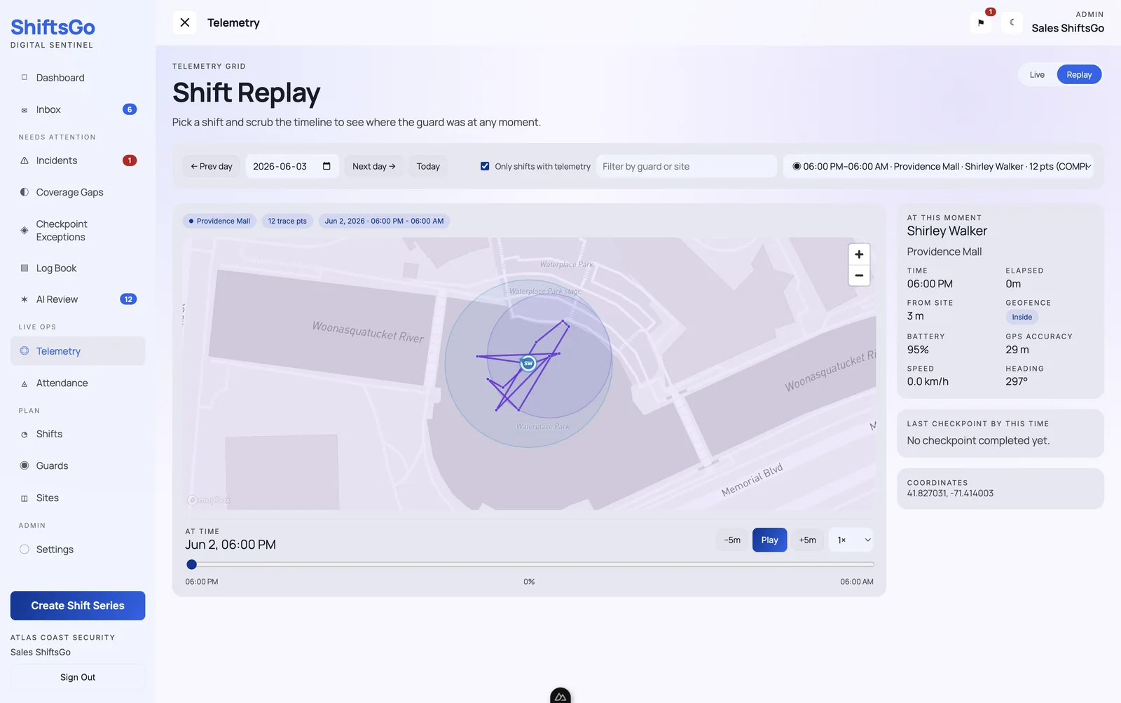 ShiftsGo Shift Replay screen: recorded patrol played back on a map with timeline scrubber and guard telemetry.