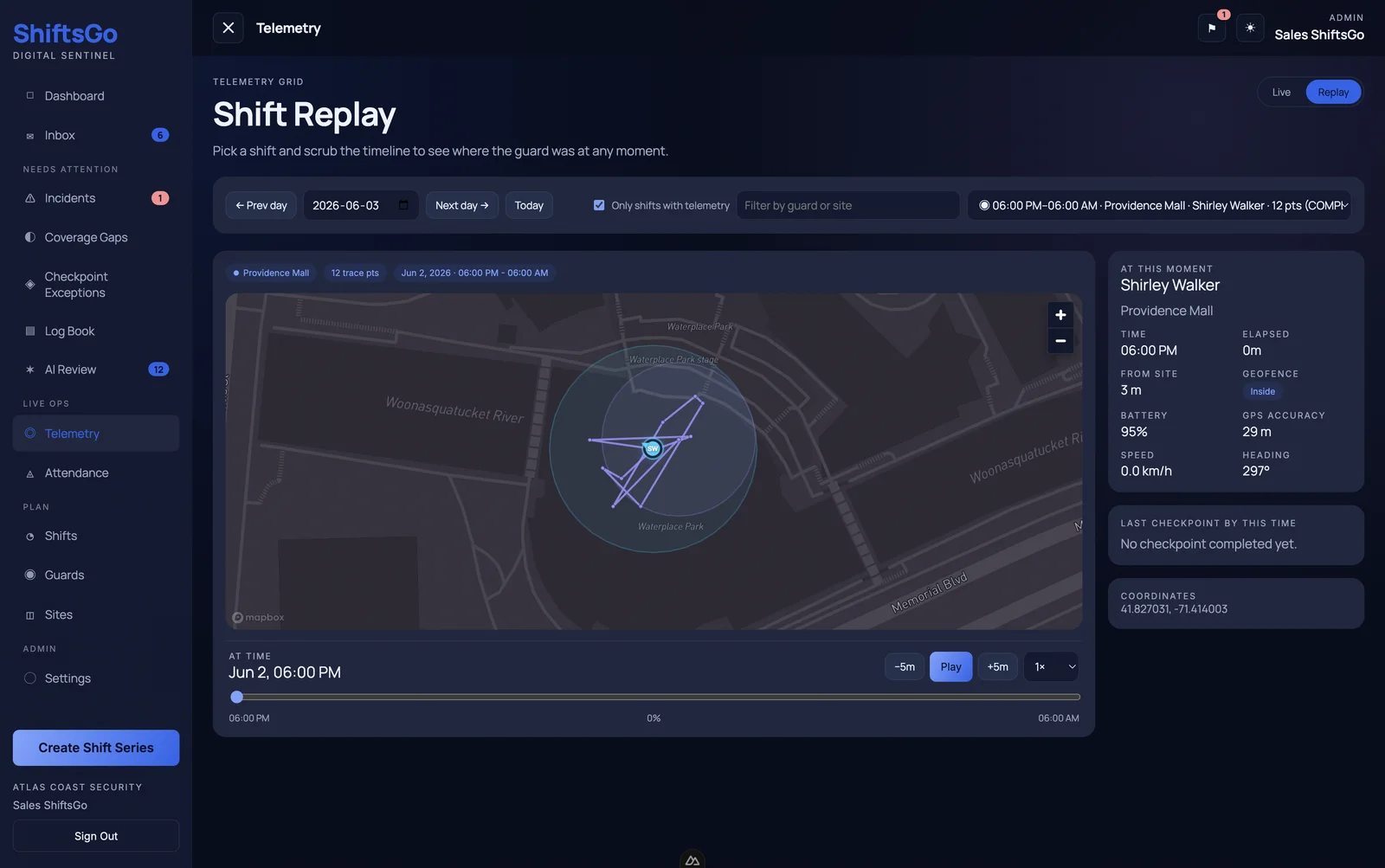 ShiftsGo Sentinel Shift Replay view showing a guard route, checkpoint activity and shift timeline.